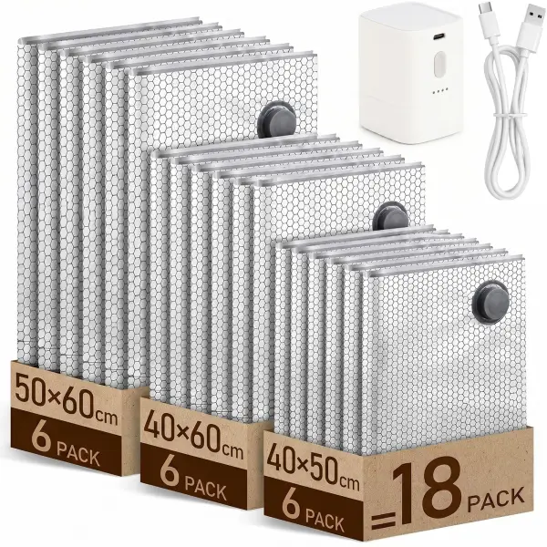 Pack of 18 Vacuum Bags for Clothes with Wireless Electric Pump 4500Pa - фото товара