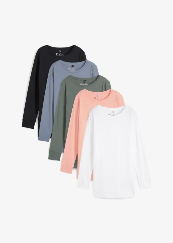 Longshirt mit Rundhalsausschnitt, Langarm (5er Pack) - фото товара