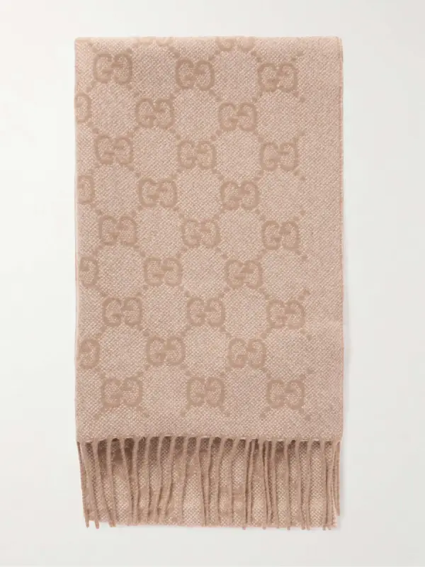 GUCCI Fringed logo-jacquard metallic cashmere-blend scarf - фото товара