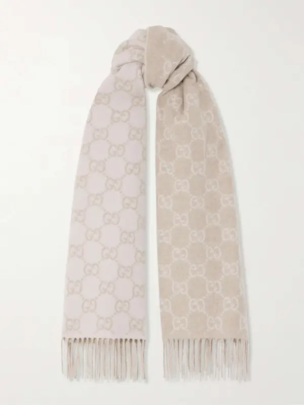 GUCCI Fringed jacquard-knit cashmere scarf - beige - One Size - фото товара