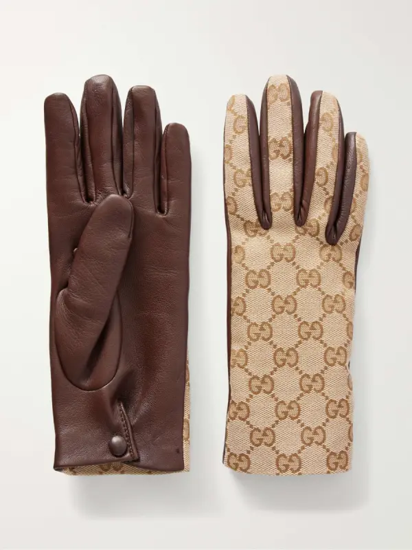GUCCI GG-jacquard canvas and leather gloves - фото товара
