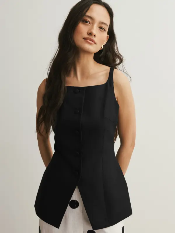 Schwarz - Weste mit hohem Leinenanteil und High-Neck - фото товара