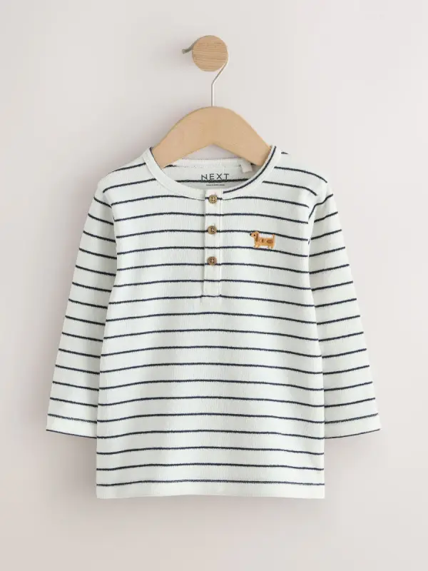 Navy/White Dog Embroidered Stripe - Langaermeliges Henley-Shirt (3 Monate bis 7 Jahre) - фото товара