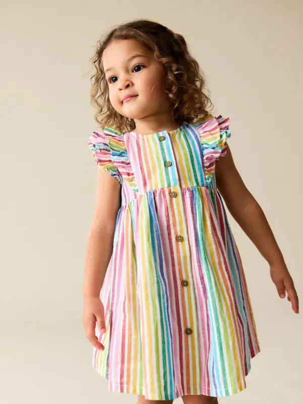 Regenbogenfarben gestreift - Kleid mit doppelten Rueschenaermeln (3Monate-8Jahre) - фото товара