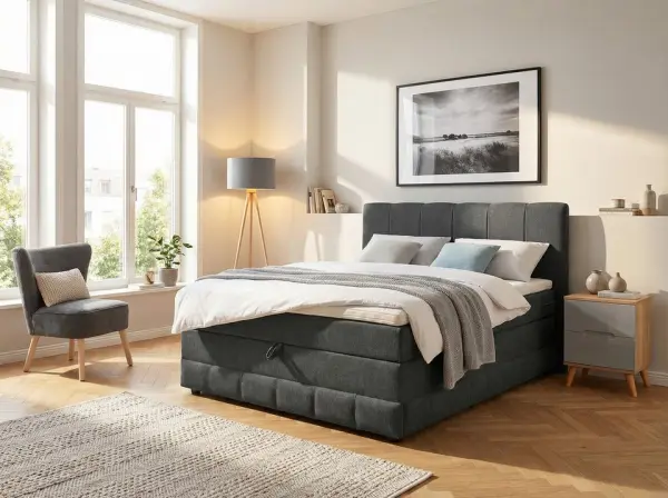 OTTO HOME Boxbett LIKELY, Polsterbett mit Bettkasten, inkl. Taschenfederkernmatratze H3 mit Kaltschaumtopper, Strukturstoff-Bezug, 140x200 & 180x200 cm - фото товара