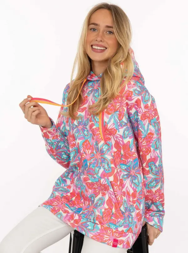 ZWILLINGSHERZ Hoodie "Flower Sparkles" farbenfrohes florales Muster, Neondetails, Kapuze, Fronttasche - фото товара