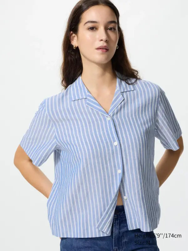 Leinenmix Bluse (offener Kragen, Kurzarm) - фото товара