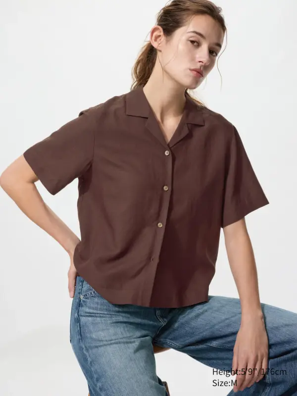 Leinenmix Bluse (offener Kragen, Kurzarm) - фото товара