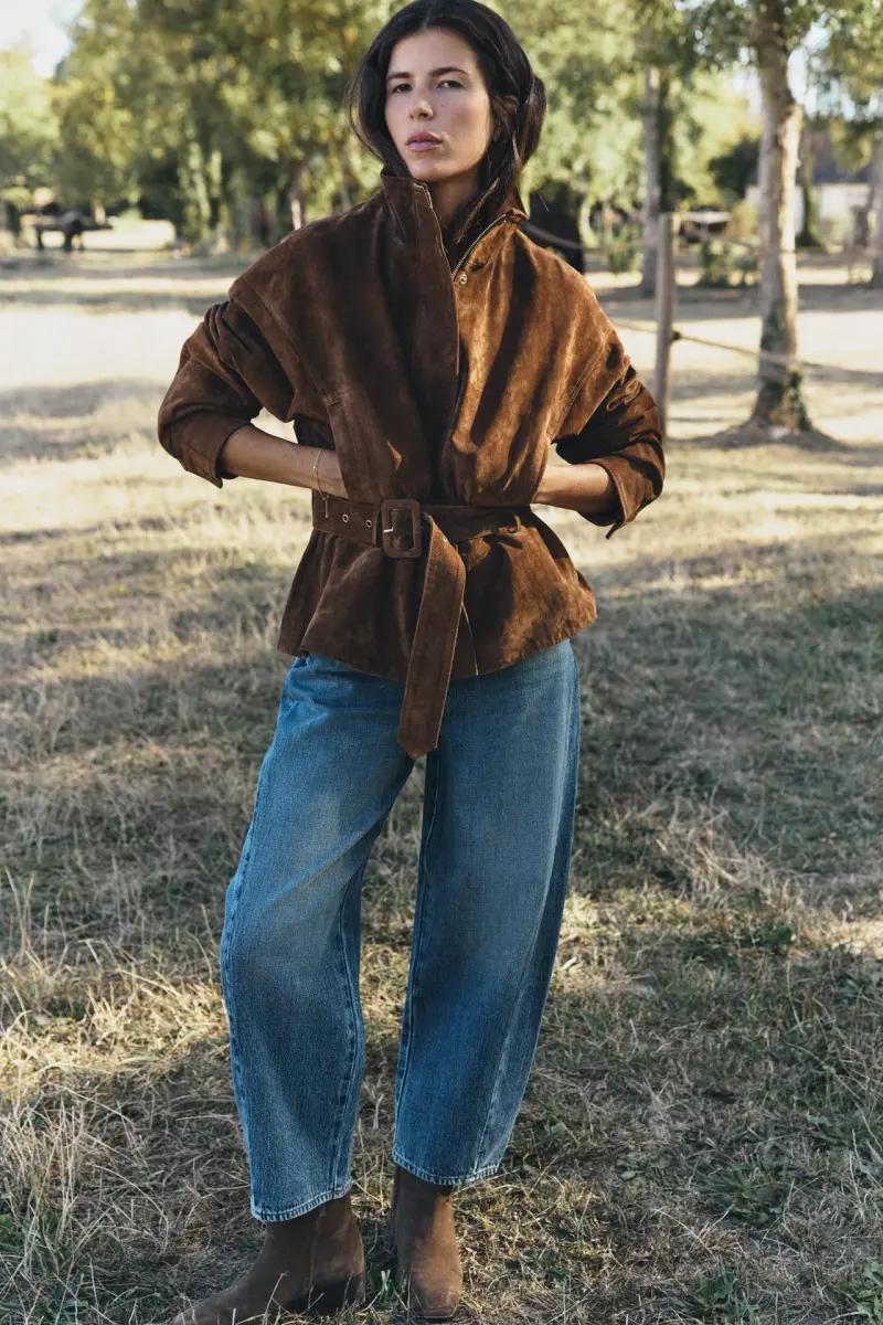 Zara: Lederjacke mit Gürtel, 100% былғары, қоңыр, әйелдер күртешесі