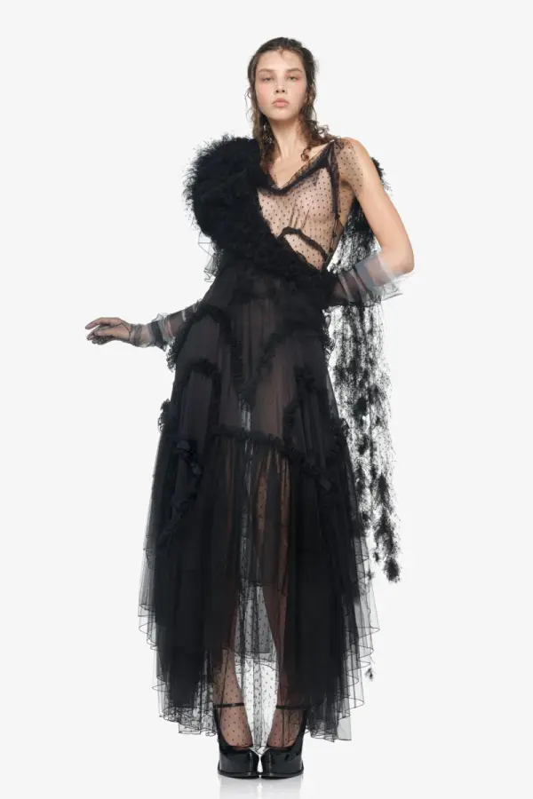 Midikleid in Materialkombination aus Tuell und Plumetis, Limited Edition - фото товара