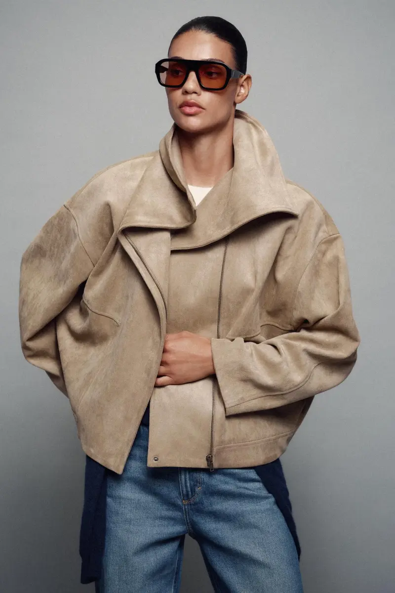 Zara: Bomberjacke mit breitem Kragen, ашық беж, әйелдер күртешесі