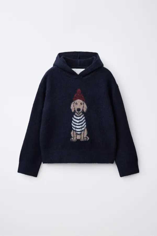 GESTRICKTER KAPUZENPULLOVER MIT HUNDEMOTIV - фото товара